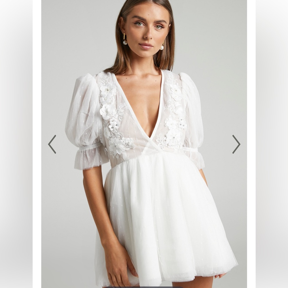 Showpo Akshia Mini Dress Puff Sleeve Floral Detail Plunge Neck Dress in White